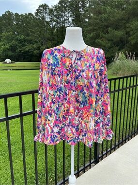 Michelle McDowell Colorful  Flowy Abstract Tie-Neck Blouse